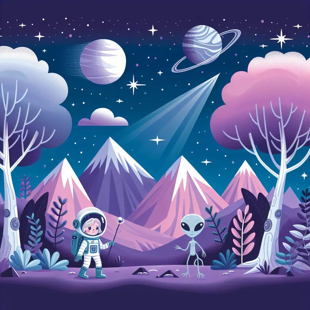 Une illustration destinée aux enfants représentant une astronaute audacieuse, accompagnée de son amie extraterrestre, explorant les mystérieuses étendues d'une planète lointaine, avec des montagnes violettes et des arbres lumineux aux feuilles argentées, sous un ciel étoilé scintillant.