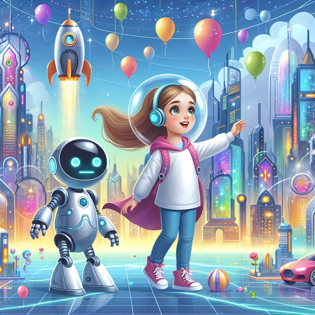 Une illustration destinée aux enfants représentant une jeune fille émerveillée dans une ville futuriste flottante, accompagnée de son fidèle ami robot, explorant des gratte-ciel scintillants et des voitures volantes dans un ciel rempli de ballons de couleur.