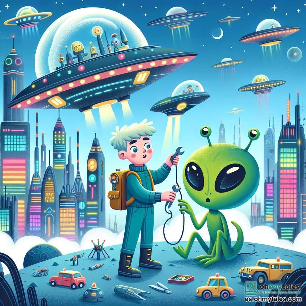 Une illustration destinée aux enfants représentant un garçon courageux aidant un extraterrestre vert à réparer sa petite navette spatiale défectueuse, dans la métropole aérienne futuriste d'Aerópolis, où les bâtiments brillent de mille couleurs et les véhicules volants sillonnent les cieux.