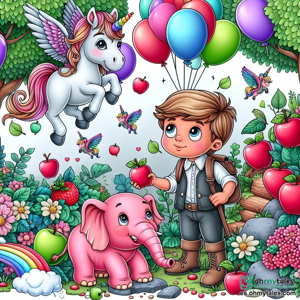Une illustration destinée aux enfants représentant un garçon intrépide, un éléphant rose mangeant des pommes, dans un jardin enchanté rempli de licornes volantes et de globos multicolores.