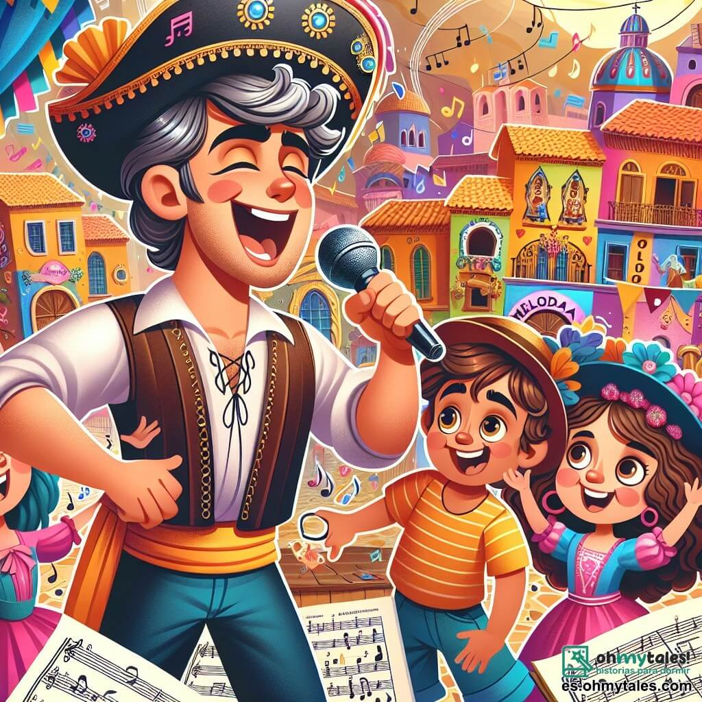 Une illustration destinée aux enfants représentant un chanteur passionné (homme) chantant joyeusement avec deux enfants curieux, une fille aux cheveux rizados et un garçon au chapeau, dans un village coloré appelé Melodía, rempli d'instruments brillants et de partituras coloridas.