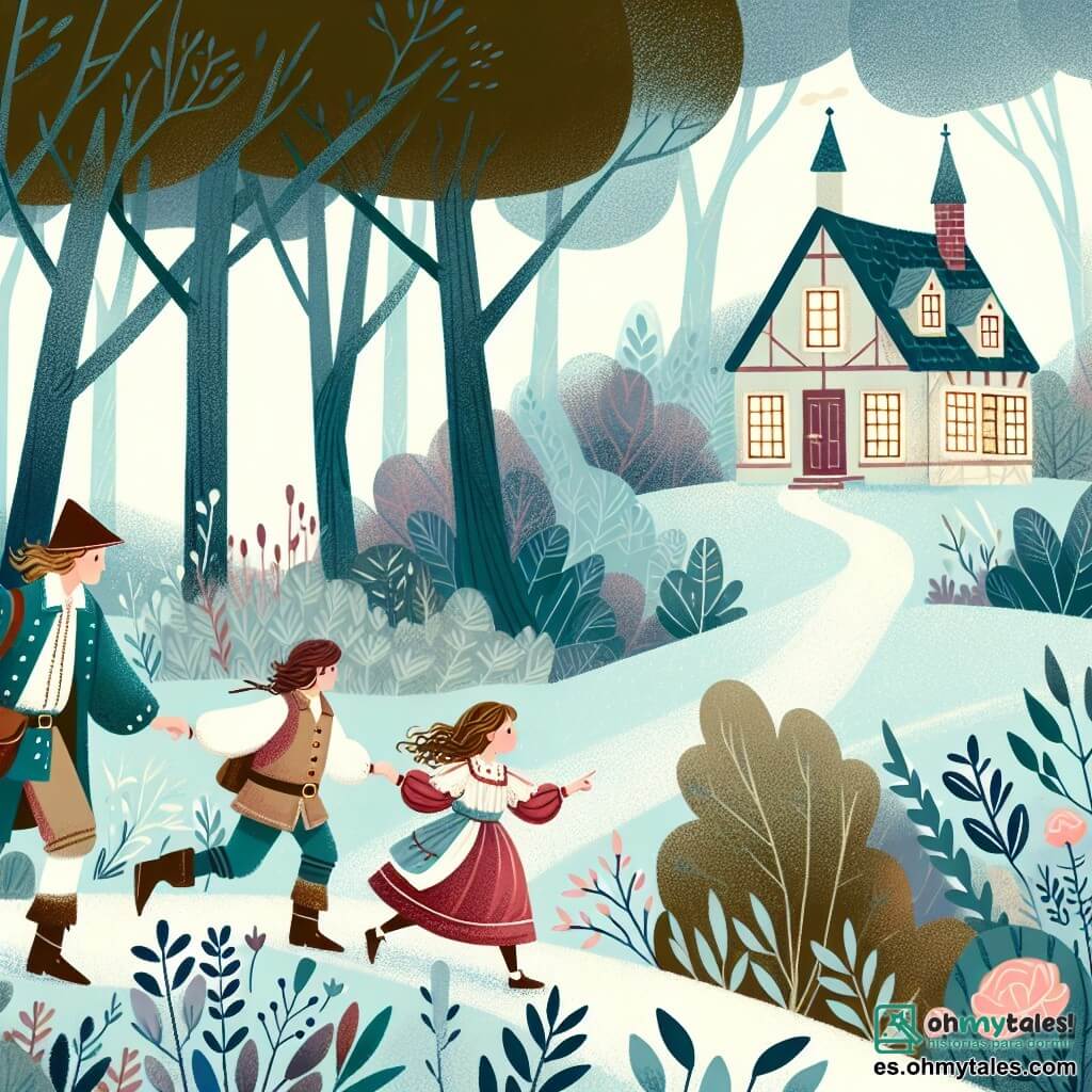 Une illustration destinée aux enfants représentant une petite fille intrépide, traversant une forêt enchantée, accompagnée de ses parents tristes mais aimants, dans une maisonnette chaleureuse au bord du bois.