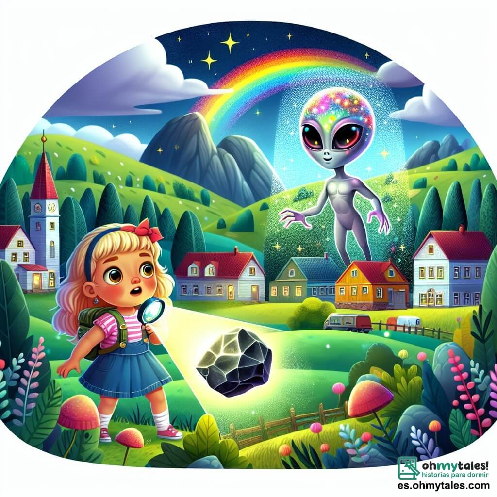 Une illustration destinée aux enfants représentant une petite fille curieuse et courageuse découvrant un mystérieux meteorito dans un petit village coloré entouré de montagnes verdoyantes, accompagnée d'un extraterrestre aux yeux brillants et à la peau arc-en-ciel.