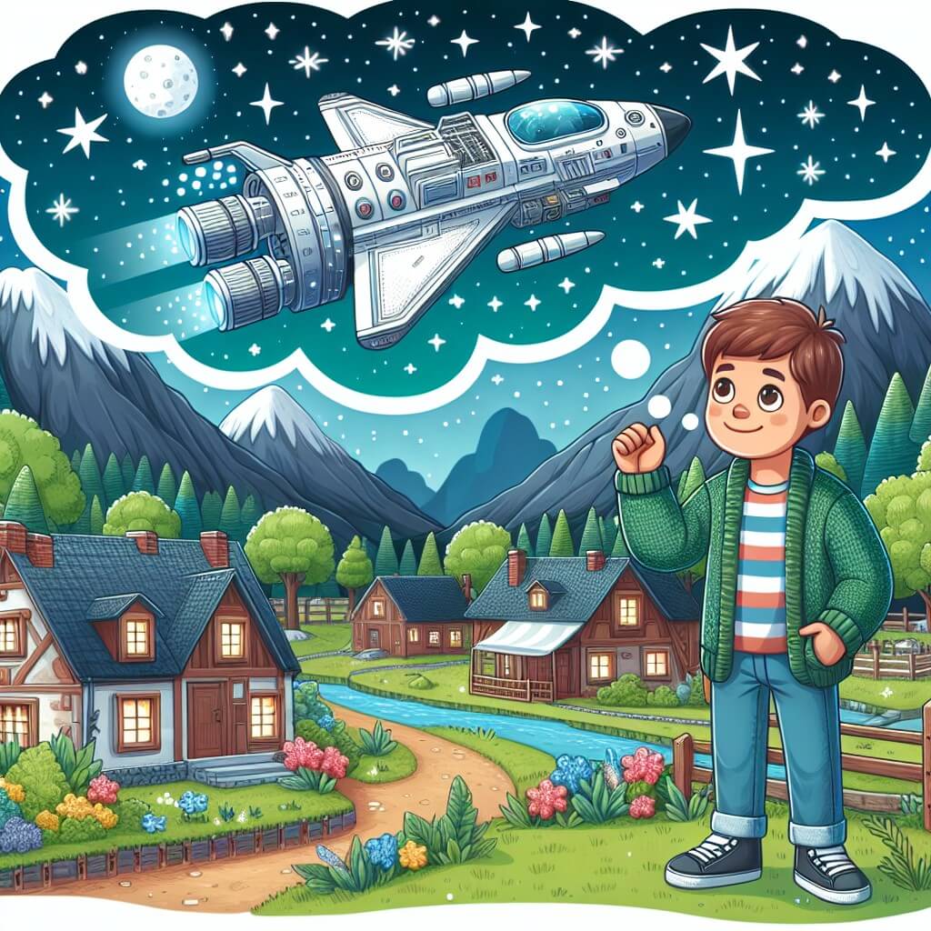 Une illustration destinée aux enfants représentant un homme rêveur, passionné par l'espace, se tenant devant un immense vaisseau spatial dans un paisible village, entouré de montagnes verdoyantes et d'un ciel étoilé scintillant.