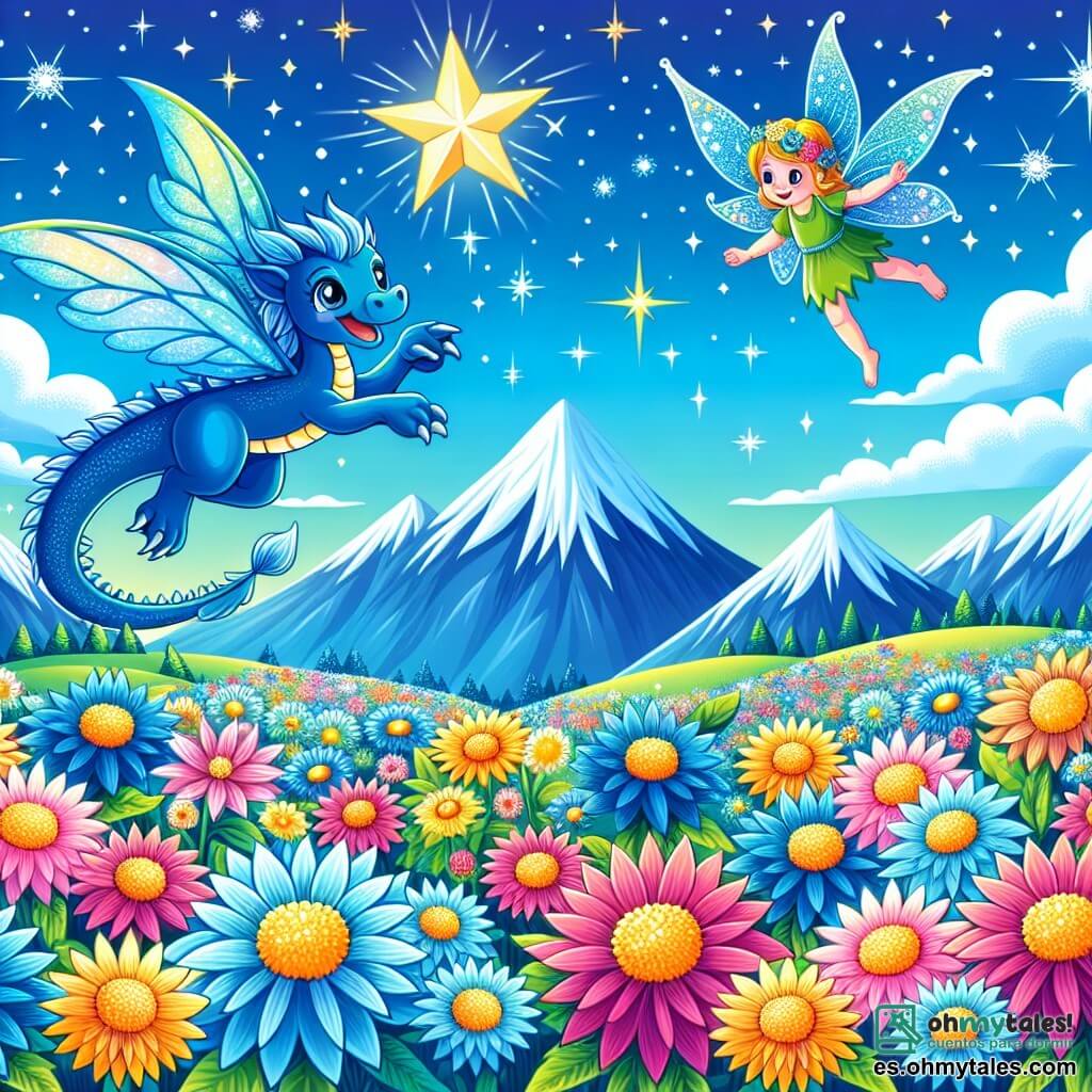 Une illustration sous forme de dessin destinée aux enfants représentant un magnifique champ de fleurs brillantes au sommet d'une montagne, où un dragon aux écailles bleu éclatant et aux ailes cristallines s'élève joyeusement dans les airs, tandis qu'une petite fée aux ailes dorées et scintillantes vole à ses côtés, tous deux émerveillés par la présence d'une étoile lumineuse flottant au-dessus d'eux, symbolisant l'amitié et l'aventure, dans un ciel d'un bleu éclatant parsemé de nuages doux et cotonneux.