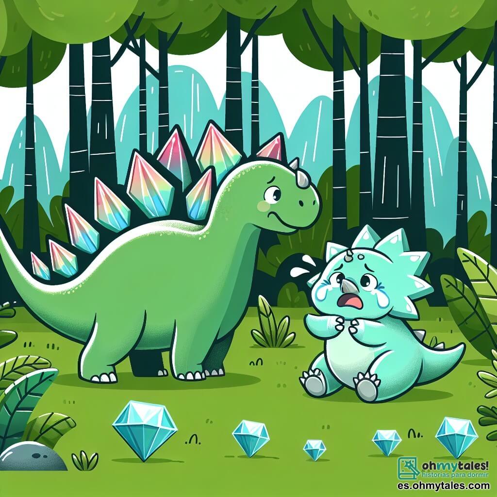 Une illustration destinée aux enfants représentant un stégosaure curieux se promenant dans un bosque jurassique luxuriant, accompagné d'un triceratops en pleurs, à la recherche d'un mystérieux collier de gemmes perdu.