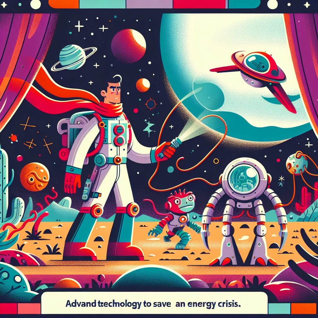 Une illustration destinée aux enfants représentant un homme courageux, accompagné de son fidèle robot, explorant un planète éloignée remplie de couleurs vibrantes et de créatures étranges dans le but de trouver une technologie avancée pour sauver la Terre d'une crise énergétique.