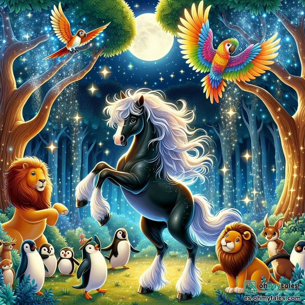 Ilustración que representa un mágico claro de luna en un bosque encantado, con árboles majestuosos de troncos gruesos y hojas brillantes como estrellas. En el centro, un caballo de pelaje brillante y sedoso, con una melena ondeando al viento, danza alegremente, levantando una pata al ritmo de la música. A su lado, un pequeño loro colorido con plumas brillantes, que bate sus alas con entusiasmo, y un león de pelaje dorado, que se sostiene sobre sus patas traseras, rugiendo alegremente. En el fondo, un grupo de pingüinos se divierte bailando, mientras que una gran lechuza posada en una rama canta una melodía cautivadora. La escena está llena de colores vivos y luces centelleantes, creando una atmósfera festiva y alegre, donde todos los animales celebran juntos bajo el cielo estrellado.