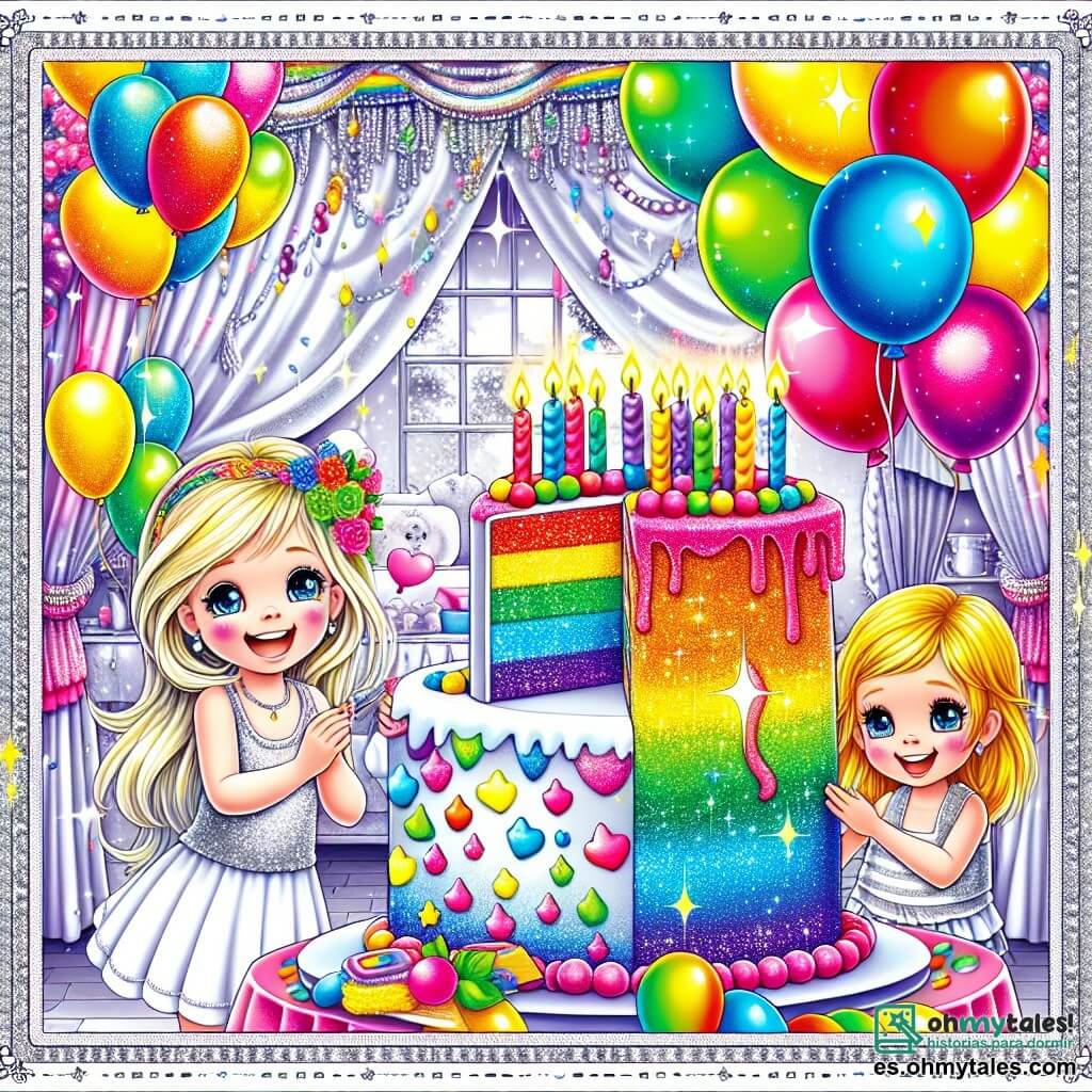 Une illustration destinée aux enfants représentant une petite fille très joyeuse découvrant un énorme gâteau arc-en-ciel entouré de ballons colorés, accompagnée de sa meilleure amie, une fille blonde aux yeux pétillants, dans une salle de fête étincelante avec des guirlandes scintillantes et des décorations festives.