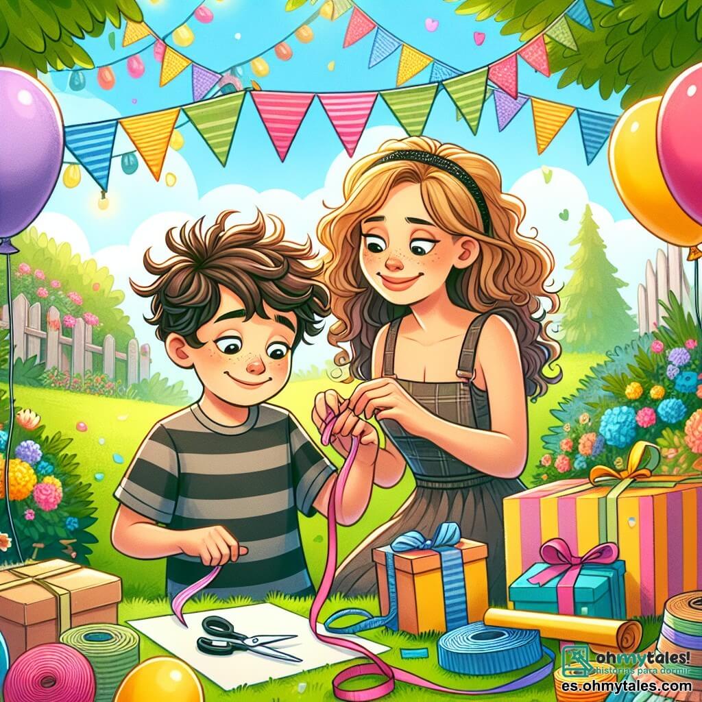 Une illustration destinée aux enfants représentant un garçon aux cheveux ébouriffés, planifiant une fête surprise pour sa maman avec l'aide de sa meilleure amie, une fille aux boucles brunes, dans un jardin ensoleillé rempli de guirlandes de papier crépon et de ballons colorés.