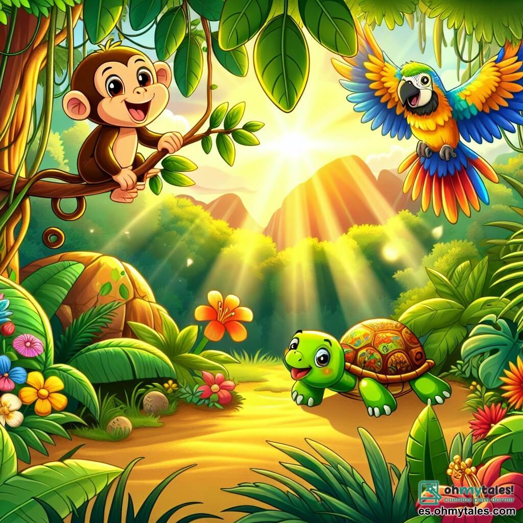Ilustración que representa un claro en la jungla tropical, bañado por la luz dorada del sol que filtra a través de las hojas verdes y exuberantes. En el centro, un mono travieso con pelaje dorado y ojos brillantes, suspendido de una liana, sonriendo alegremente mientras sostiene una rama con una mano. A su lado, un loro colorido con plumas brillantes, riendo y flotando en el aire, y una tortuga sabia con un caparazón adornado con patrones naturales, observando la escena con una expresión benevolente. Juntos, exploran la jungla, cautivados por una melodía misteriosa que resuena a su alrededor, simbolizando su búsqueda de aventura y amistad. En el fondo, flores vibrantes y árboles majestuosos añaden un toque mágico a esta escena llena de vida y curiosidad.