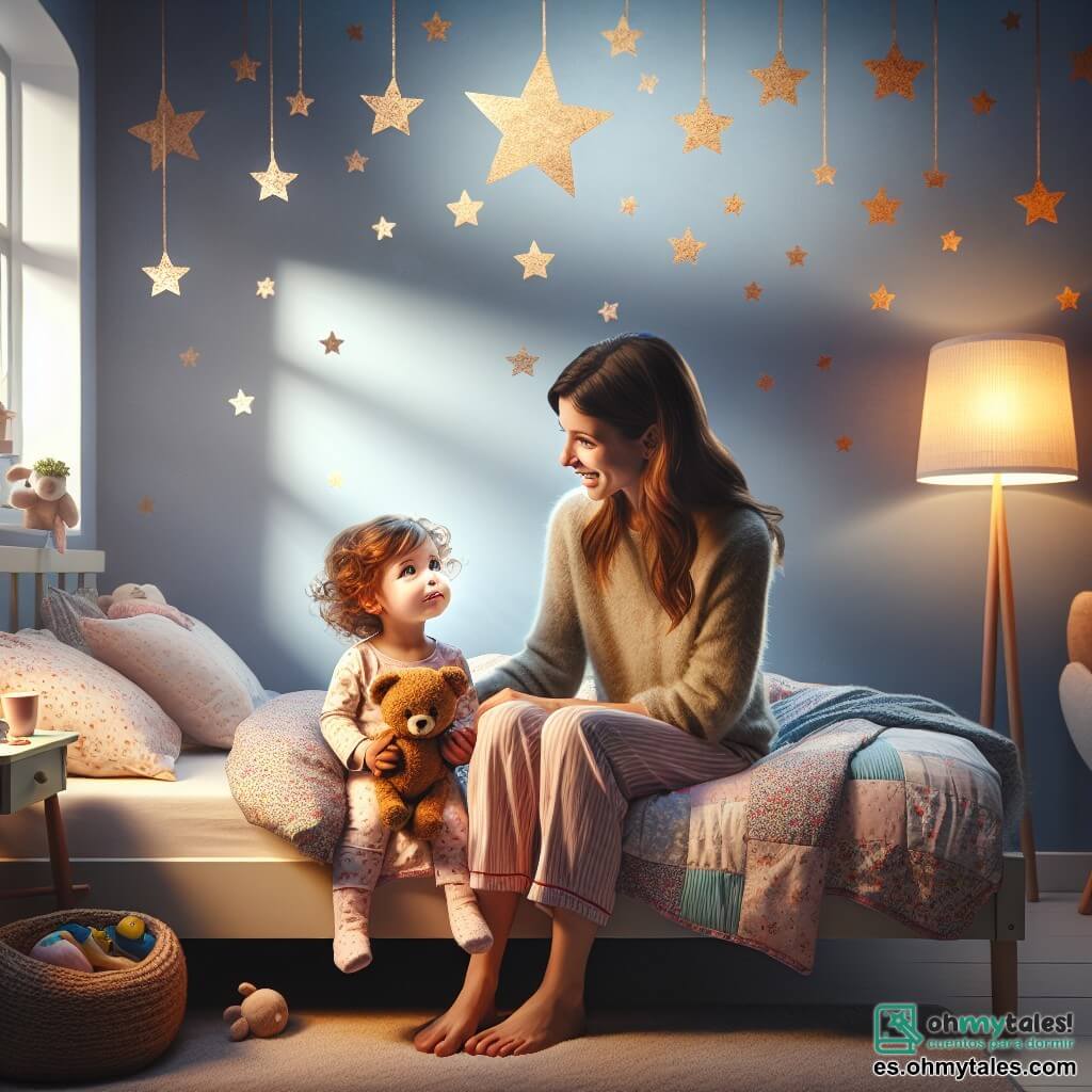 Ilustración que representa una habitación suave y cálida, con paredes pintadas de azul claro y estrellas doradas pegadas en el techo. Una cama acogedora está cubierta con un edredón colorido, y una lámpara de luz suave ilumina la habitación con un resplandor tranquilizador. En el centro de la imagen, una niña de 1 año, con grandes ojos curiosos y cabello rizado castaño, está sentada en su cama. Sostiene un oso de peluche en sus brazos, mostrando una sonrisa reconfortante, mientras mira las estrellas en la pared con asombro. A su lado, una mujer de unos 30 años, con cabello largo y castaño, está sentada al borde de la cama. Lleva un pijama suave y tiene una mirada tierna y protectora. Sonríe a la niña, brindándole un sentimiento de seguridad. La escena principal muestra a la niña, con una expresión curiosa y un poco dudosa, comenzando a contar las estrellas en la pared, mientras la luz de la lámpara crea una atmósfera cálida y reconfortante. Elementos gráficos adicionales incluyen peluches esparcidos sobre la cama, una ventana con cortinas ligeras que dejan entrever la noche estrellada afuera, y sombras suaves que bailan en las paredes, añadiendo un toque mágico a toda la escena.