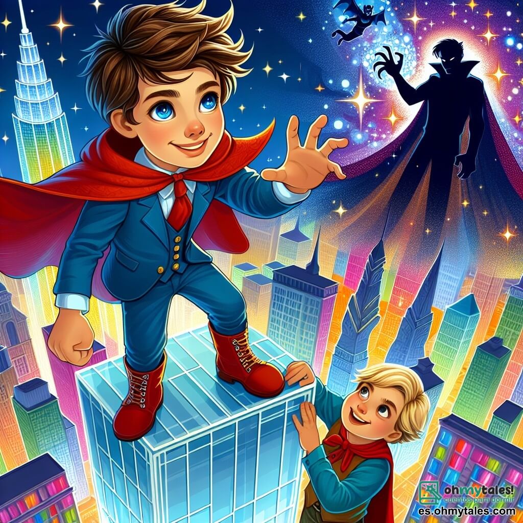 Une illustration destinée aux enfants représentant un jeune garçon aux cheveux ébouriffés et aux yeux pétillants, vêtu d'un costume bleu et d'une cape rouge, se tenant courageusement au sommet d'un haut gratte-ciel en verre scintillant de Lumiville, une ville vibrante où la magie et la technologie s'entrelacent, tandis qu'à ses côtés, son meilleur ami, un garçon plus petit avec des cheveux blonds et un sourire espiègle, l'encourage à affronter un mystérieux vilain enveloppé d'ombres menaçantes qui sème le chaos dans les rues colorées et animées de la ville.