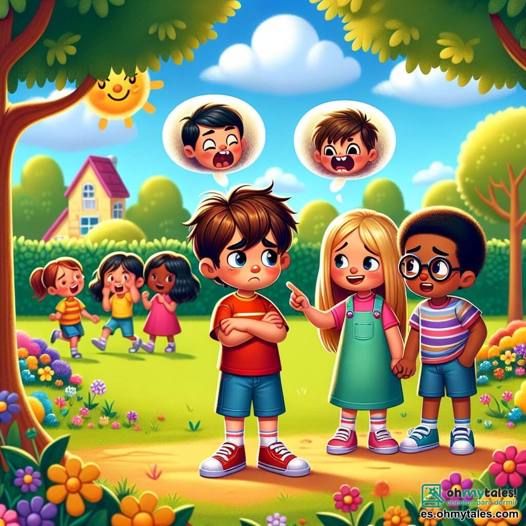 Ilustración que representa un patio de escuela soleado, con árboles verdes y flores coloridas alrededor. En el centro, un grupo de tres niños está de pie: un niño de 6 años con el cabello castaño desordenado, que lleva una camiseta roja y un pantalón corto azul, mirando con una expresión triste; una niña de 6 años con cabello largo y rubio, vestida con un vestido rosa, que le tiende la mano con una sonrisa reconfortante; otro niño de 6 años, con cabello negro y gafas, que está al lado de la niña, con los brazos cruzados, mostrando una expresión decidida para defender a su amigo. La situación principal muestra al niño triste sintiéndose aislado, mientras sus amigos intentan apoyarlo frente a burlas invisibles, simbolizadas por burbujas de diálogo en el fondo con rostros burlones. Niños juegan alegremente a lo lejos, ilustrando un contraste entre la amabilidad y la maldad. La atmósfera es luminosa y colorida, reflejando la esperanza y la amistad.
