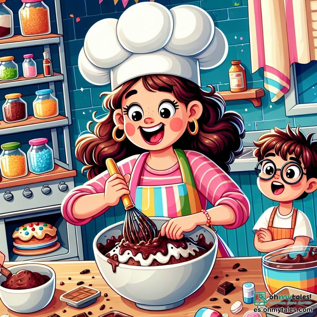 Une illustration sous forme de dessin destinée aux enfants représentant une cuisine lumineuse et colorée, avec des étagères remplies d'ingrédients variés, où une femme joyeuse, portant un grand chapeau de chef blanc et un delantal coloré, mélange avec enthousiasme une pâte au chocolat dans un grand bol, tandis que deux enfants, une fille aux cheveux bouclés et un garçon aux lunettes, l'observent avec émerveillement, impatients de participer à la création de délicieux gâteaux, remplissant l'air de rires et d'odeurs sucrées.