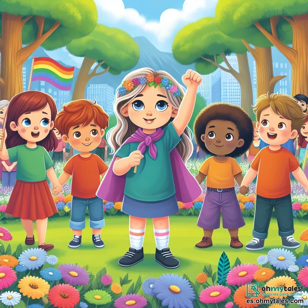 Une illustration destinée aux enfants représentant un petit garçon courageux qui lutte pour l'égalité des sexes, accompagné de ses amis, dans un parc verdoyant rempli de fleurs multicolores et d'arbres majestueux.