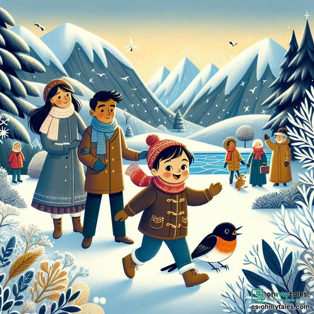 Une illustration destinée aux enfants représentant un jeune garçon plein d'enthousiasme, découvrant la neige pour la première fois, accompagné de ses parents, ainsi que d'un adorable oiseau tremblant de froid, dans un paysage hivernal enchanteur recouvert d'une épaisse couche de neige scintillante, avec des arbres aux branches givrées et des montagnes majestueuses en arrière-plan.