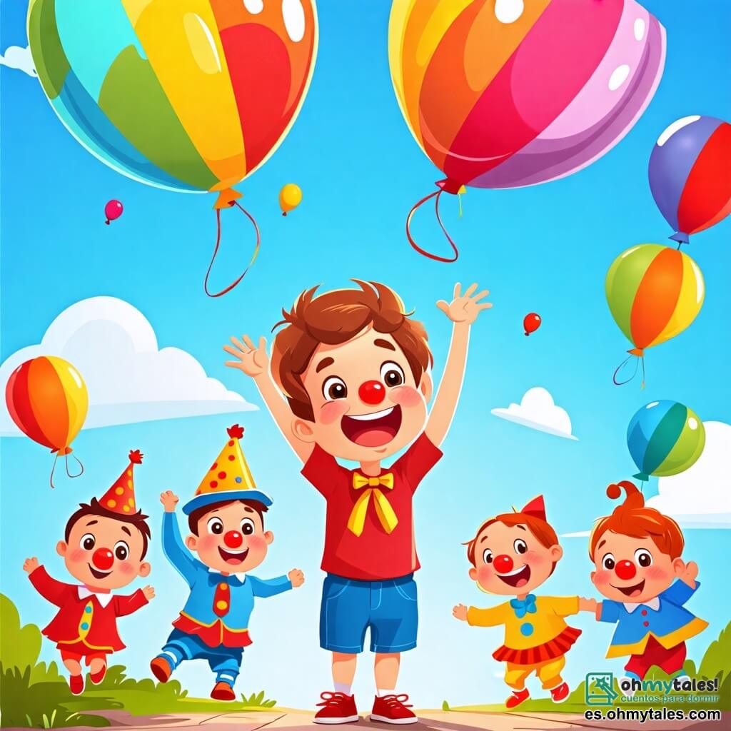 Ilustración que representa una escena alegre y colorida en un cielo azul brillante, donde un gran globo de colores flota suavemente. En el centro, un niño de 1 año, con cabello castaño desordenado y mejillas redondas, sonríe con asombro, con los brazos levantados hacia el cielo. Lleva una camiseta roja y un pantalón corto azul, y parece listo para embarcarse en una aventura. A su alrededor, varios payasos alegres, todos de entre 5 y 7 años, llevan trajes coloridos y narices rojas. Uno de ellos, con cabello rizado y una gran corbata de lunares, hace una mueca divertida, mientras que otro, con un sombrero de copa y gafas gigantes, hace malabares con pelotas de colores. La escena principal muestra al niño riendo a carcajadas, rodeado de risas y colores, mientras se prepara para participar en un concurso de risas con los payasos. Confetis vuelan en el aire y flores sonrientes decoran el suelo, añadiendo un toque de magia y alegría a esta aventura lúdica.