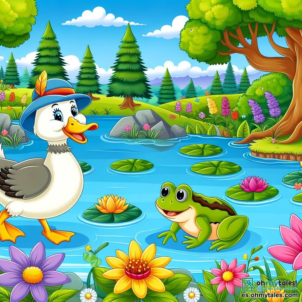 Une illustration destinée aux enfants représentant un canard aventureux qui rencontre un sapo espiègle dans un magnifique lagon entouré de fleurs colorées et d'arbres majestueux.