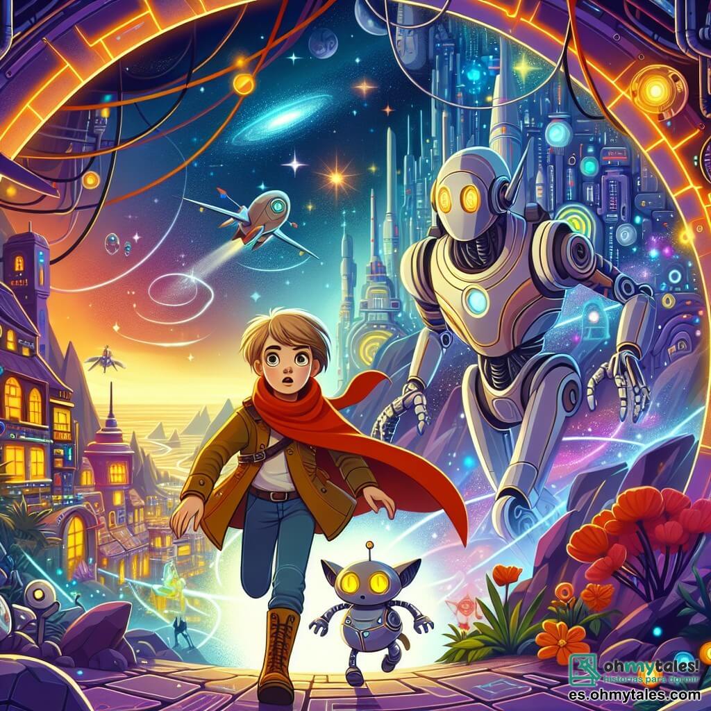 Une illustration destinée aux enfants représentant une jeune fille courageuse découvrant un monde futuriste à travers un mystérieux portail magique, accompagnée d'un sage cibernétique aux yeux brillants, dans une ville aux couleurs vibrantes et à l'architecture futuriste, remplie de créatures étranges et technologie avancée.