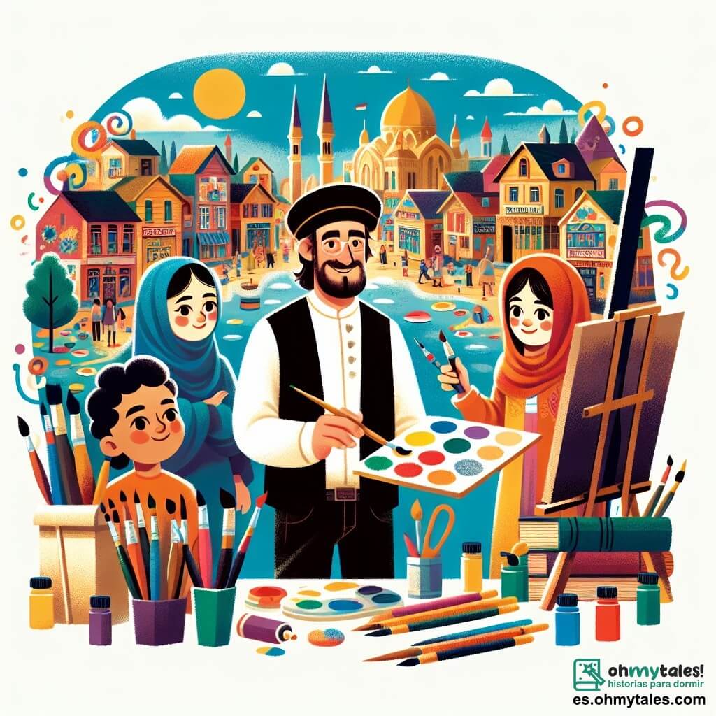 Une illustration destinée aux enfants représentant une artiste talentueuse, entourée de deux enfants curieux, dans un studio coloré rempli de pinceaux, peintures et toiles, dans la petite ville de Pinturaville.
