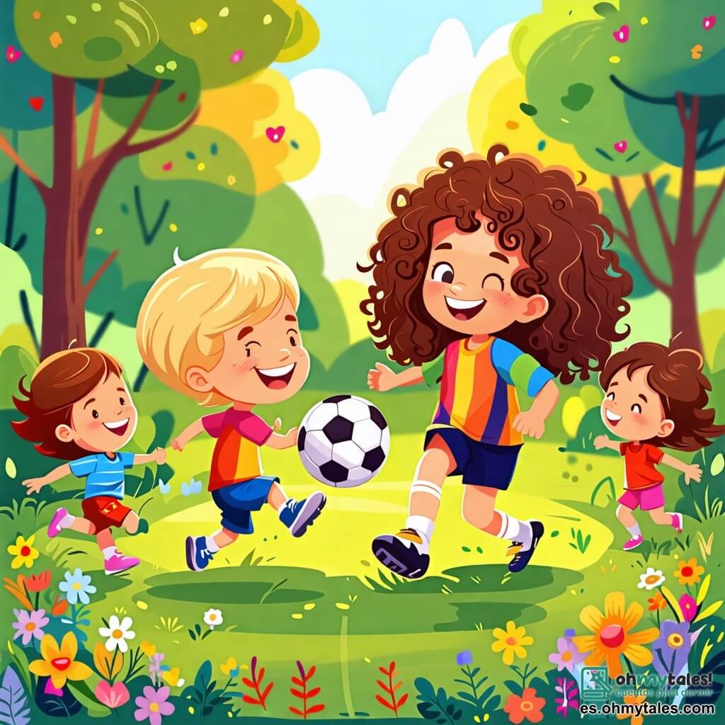Une illustration sous forme de dessin destinée aux enfants représentant un parc ensoleillé avec un terrain de football verdoyant, où une jeune fille aux cheveux bruns et bouclés, portant un maillot de football coloré, montre à deux enfants, un garçon aux cheveux blonds et une fille aux cheveux châtains, comment dribbler un ballon de football, tous souriants et pleins d'énergie, tandis que des arbres et des fleurs colorées entourent la scène, évoquant un moment de joie et d'amitié autour du sport.