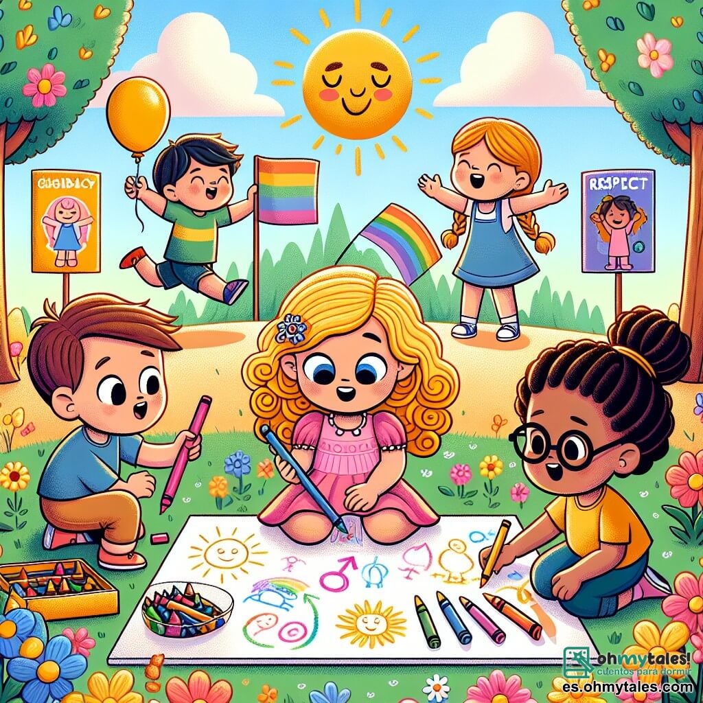 Une illustration sous forme de dessin destinée aux enfants représentant un parc ensoleillé rempli de fleurs colorées, où une petite fille de 3 ans aux cheveux bouclés et blonds, portant une robe rose, dessine avec des crayons sur un grand morceau de papier, entourée de trois amis : un garçon de 5 ans aux cheveux bruns et aux lunettes, qui tient un ballon, une fille de 4 ans avec des tresses et une robe bleue, qui applaudit joyeusement, et un garçon de 6 ans aux cheveux noirs, qui dessine un enfant jouant au football, tous unis dans leur campagne pour promouvoir l'égalité des genres, avec des affiches colorées en arrière-plan portant des messages de respect et d'inclusion.