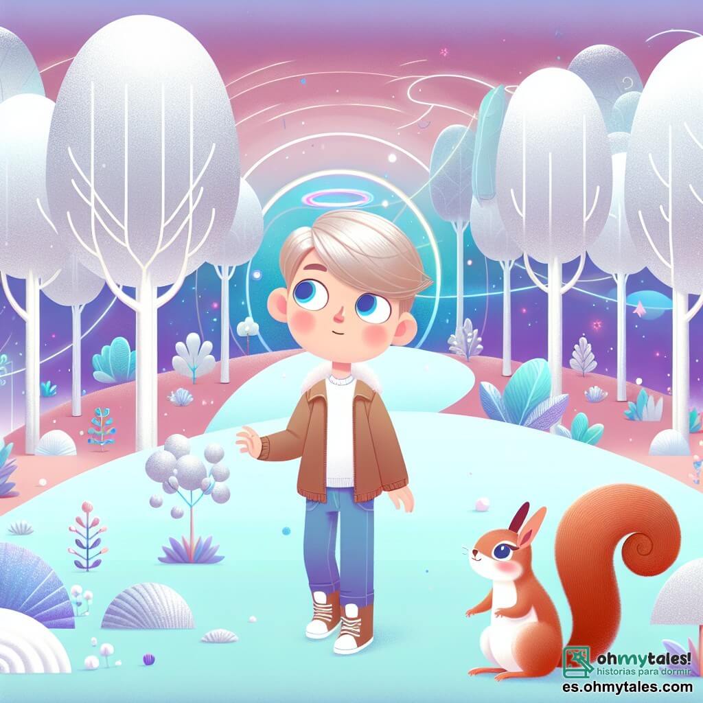 Une illustration destinée aux enfants représentant un jeune garçon rêveur se retrouvant dans un monde futuriste aux arbres argentés et au ciel violet, accompagné d'une charmante petite ardilla femelle nommée Nuez, dans la forêt magique de Candyland.