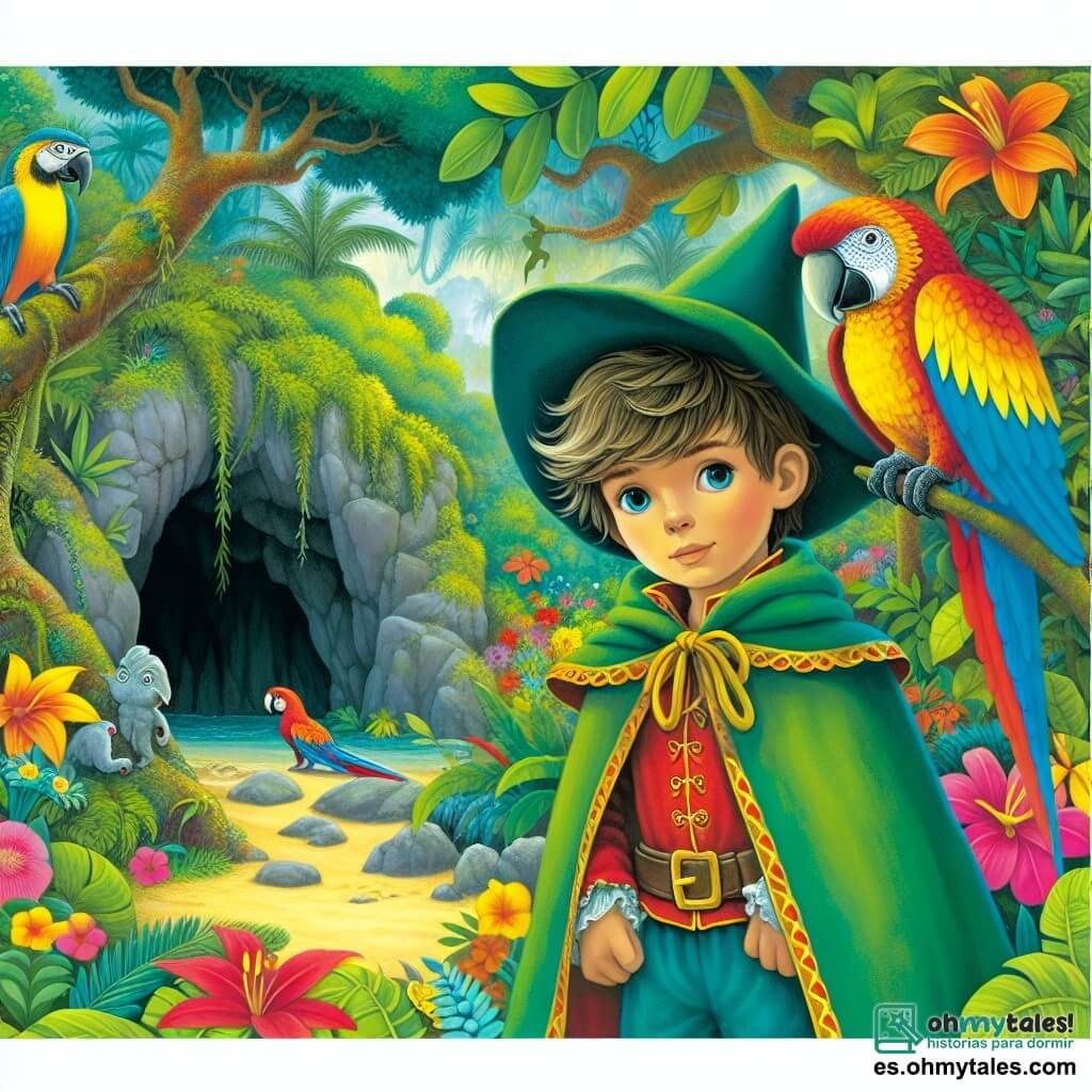 Une illustration destinée aux enfants représentant un jeune garçon aux cheveux ébouriffés, vêtu d'une cape colorée et d'un chapeau pointu, se tenant devant une grotte mystérieuse, accompagné d'un perroquet bavard, dans une île luxuriante avec des arbres touffus, des fleurs éclatantes et des animaux exotiques aux couleurs vives.