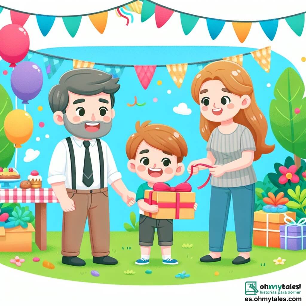 Une illustration destinée aux enfants représentant un garçon plein d'enthousiasme préparant une fête surprise pour son père, avec l'aide bienveillante de sa maman, dans un jardin coloré et festif décoré de ballons et de guirlandes.