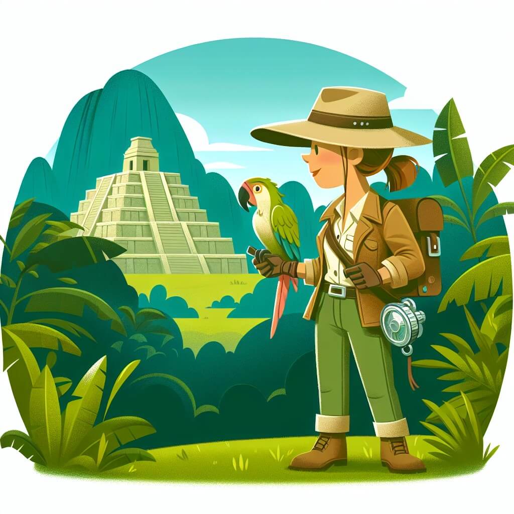 Une illustration destinée aux enfants représentant une archéologue intrépide, vêtue d'un chapeau beige et d'une veste en cuir, en train de fouiller une ancienne cité perdue au sommet d'une montagne verdoyante, accompagnée de son fidèle compagnon, un perroquet aux plumes chatoyantes.