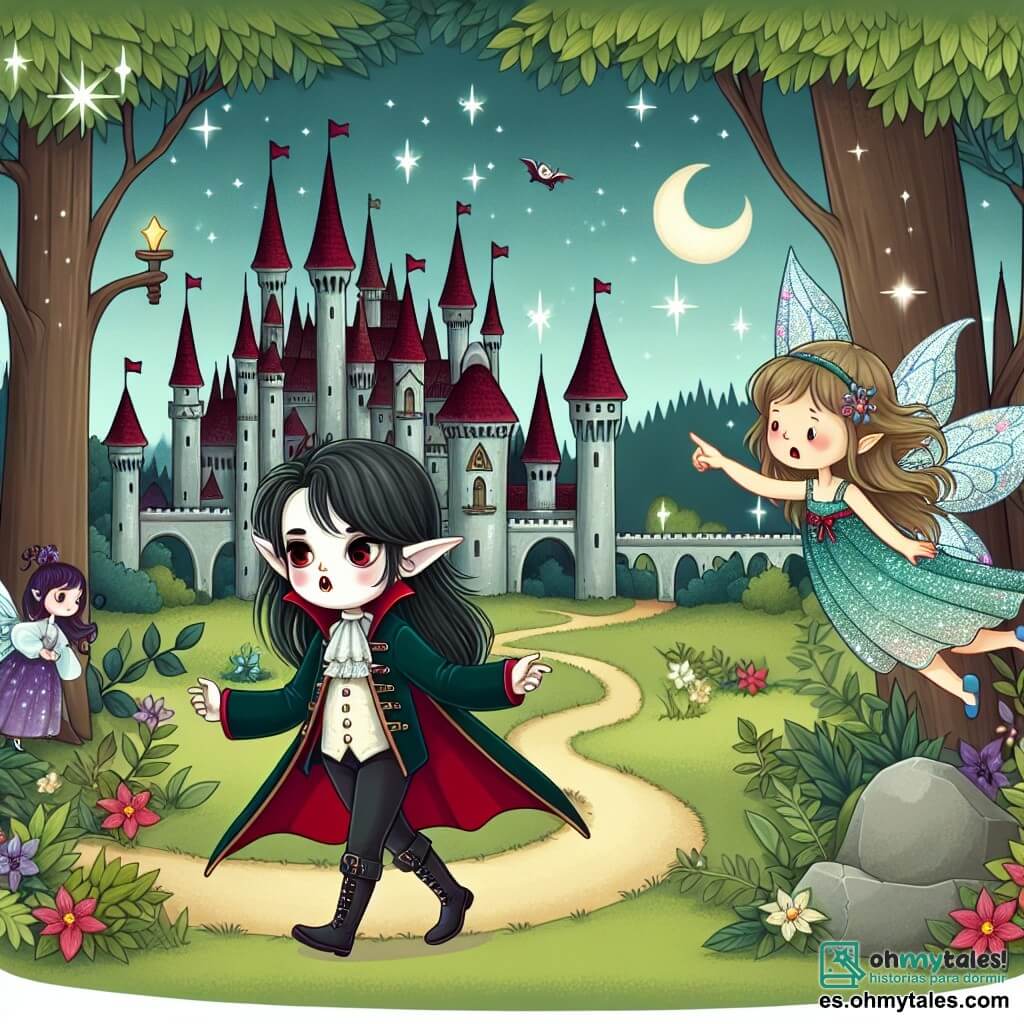 Une illustration destinée aux enfants représentant une jeune vampire fille évoluant dans un mystérieux château niché au cœur d'un bois enchanté, accompagnée d'une fée perdue aux ailes scintillantes.