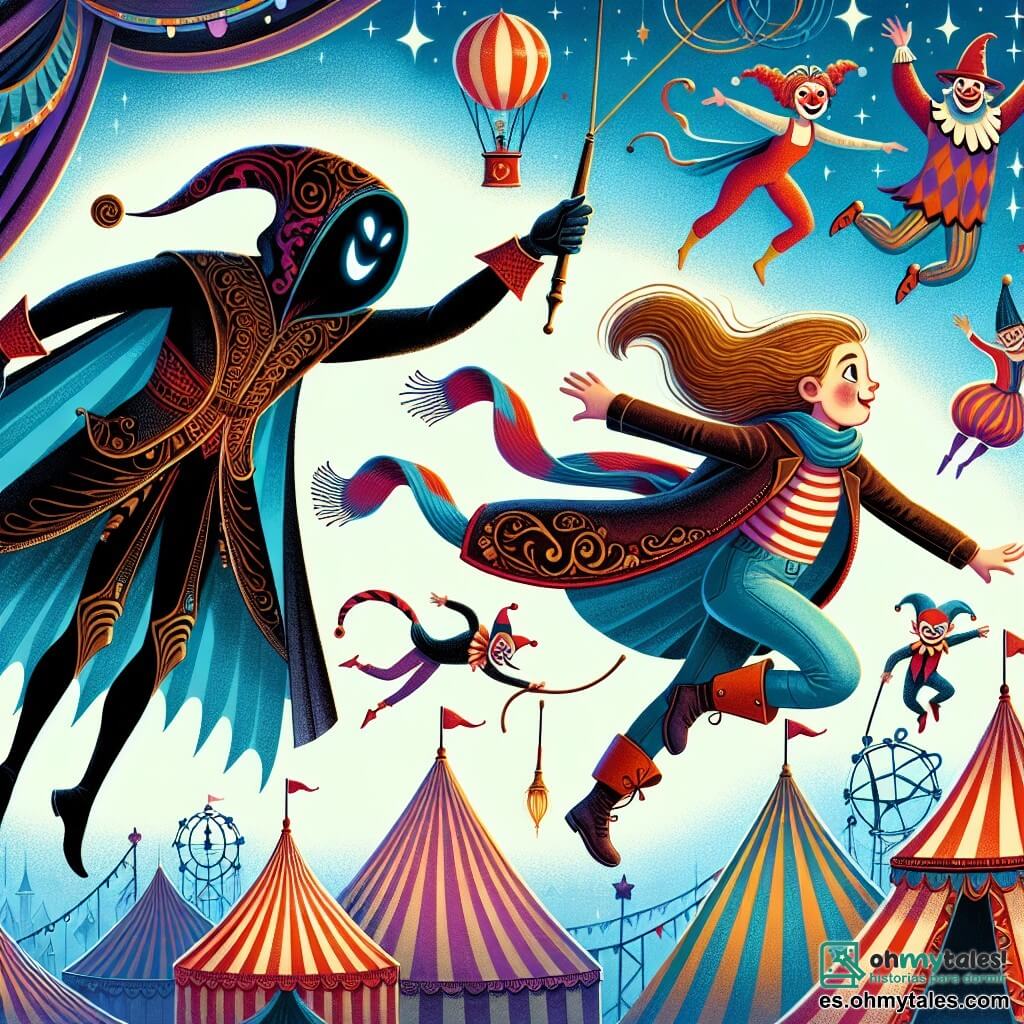 Une illustration destinée aux enfants représentant une jeune fille intrépide, plongée dans l'excitation du cirque, accompagnée d'un mystérieux personnage en costume de pelote, dans un chapiteau coloré rempli de jongleurs, acrobates et clowns.