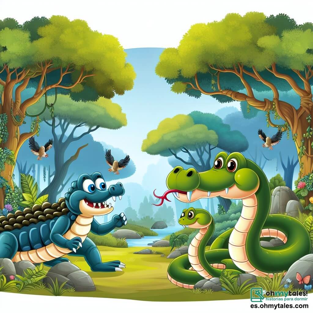 Une illustration destinée aux enfants représentant un crocodile courageux, une situation de compétition amicale avec une serpente rusée, une forêt luxuriante et mystérieuse aux arbres centenaires et aux chants d'oiseaux mélodieux.