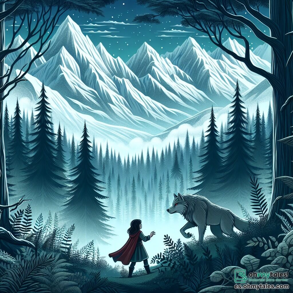 Une illustration destinée aux enfants représentant une courageuse fillette confrontant un loup redoutable dans une forêt mystérieuse bordée de majestueuses montagnes enneigées.
