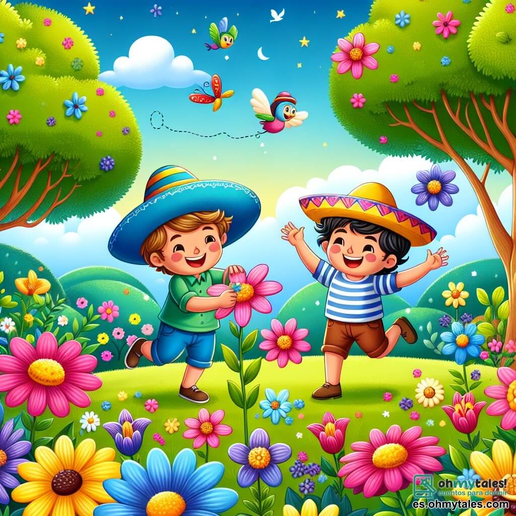 Ilustración que representa un jardín vibrante en primavera, lleno de flores coloridas con pétalos rosas, amarillos y violetas. En el centro, dos jóvenes amigos, un niño de 7 años con un sombrero azul y una sonrisa radiante, y un niño de 6 años con un gorro rojo, están jugando alegremente. El niño con el sombrero azul está recogiendo una flor, mientras que el otro niño, con el gorro rojo, danza a su alrededor, con los brazos levantados hacia el cielo. Al fondo, árboles verdes y un cielo azul claro con algunas nubes blancas añaden un toque de magia a la escena. Aves coloridas vuelan sobre ellos y una abeja zumbante se dirige hacia una flor. La atmósfera es alegre y llena de vida, capturando el espíritu de la primavera y la amistad.
