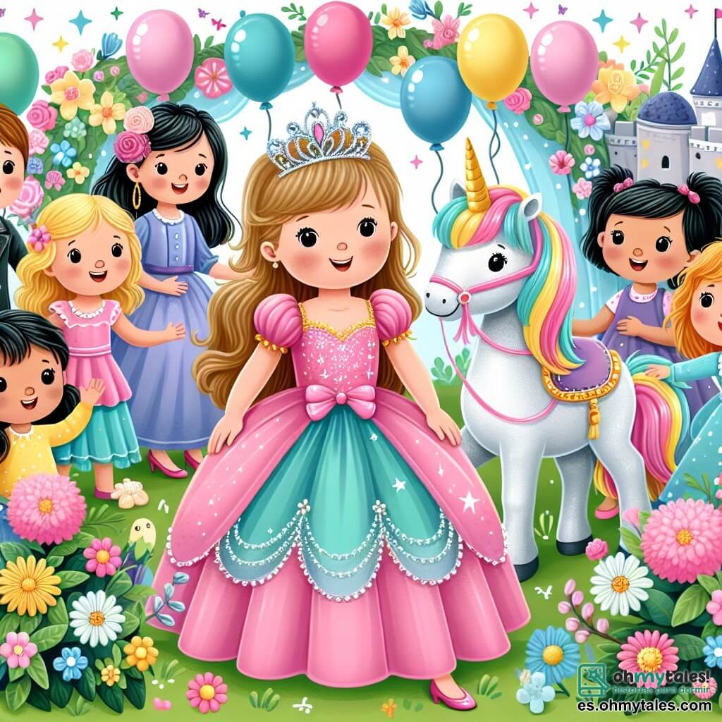 Une illustration destinée aux enfants représentant une petite fille vêtue d'un magnifique robe de princesse, entourée de ses amis et de son nouveau pony étincelant dans un jardin enchanté rempli de fleurs colorées et de ballons joyeux.