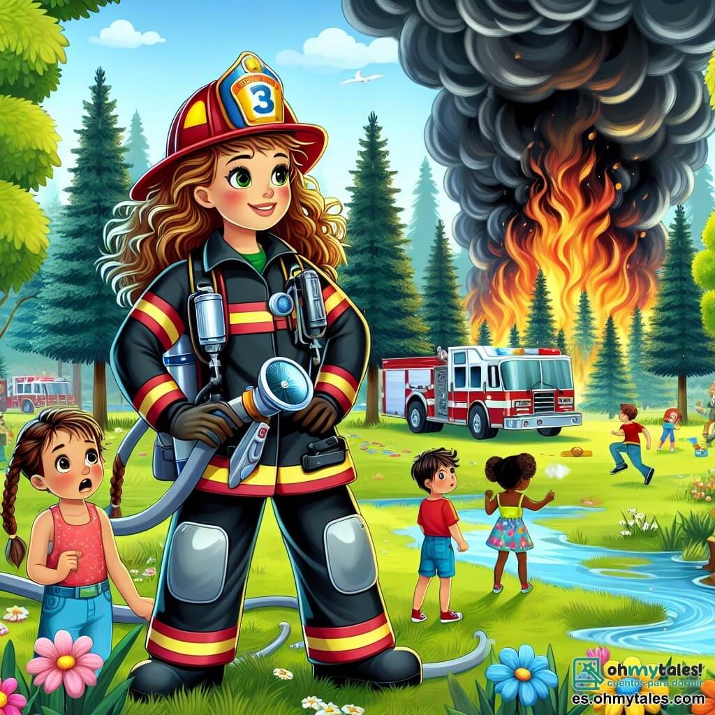 Ilustración que representa un parque verde durante el día, con árboles majestuosos y flores coloridas, pero en el fondo, volutas de humo negro se elevan de un incendio en el bosque cercano. En primer plano, una valiente mujer bombera, con cabello rizado y un brillante casco de bombero, lleva un traje rojo y negro, sosteniendo una gran manguera, lista para combatir las llamas. A su lado, un niño de unos 8 años, con los ojos muy abiertos y cabello castaño, observa con fascinación, mientras que una niña de 6 años, con trenzas y un vestido colorido, se queda un poco atrás, mirando con una expresión de admiración y preocupación. La mujer bombera dirige a su equipo con confianza, mientras el fuego ruge en el fondo, creando una atmósfera tanto heroica como urgente. Detalles adicionales incluyen niños jugando a lo lejos, padres preocupados y vehículos de bomberos estacionados cerca del parque, añadiendo a la escena dinámica y cautivadora.