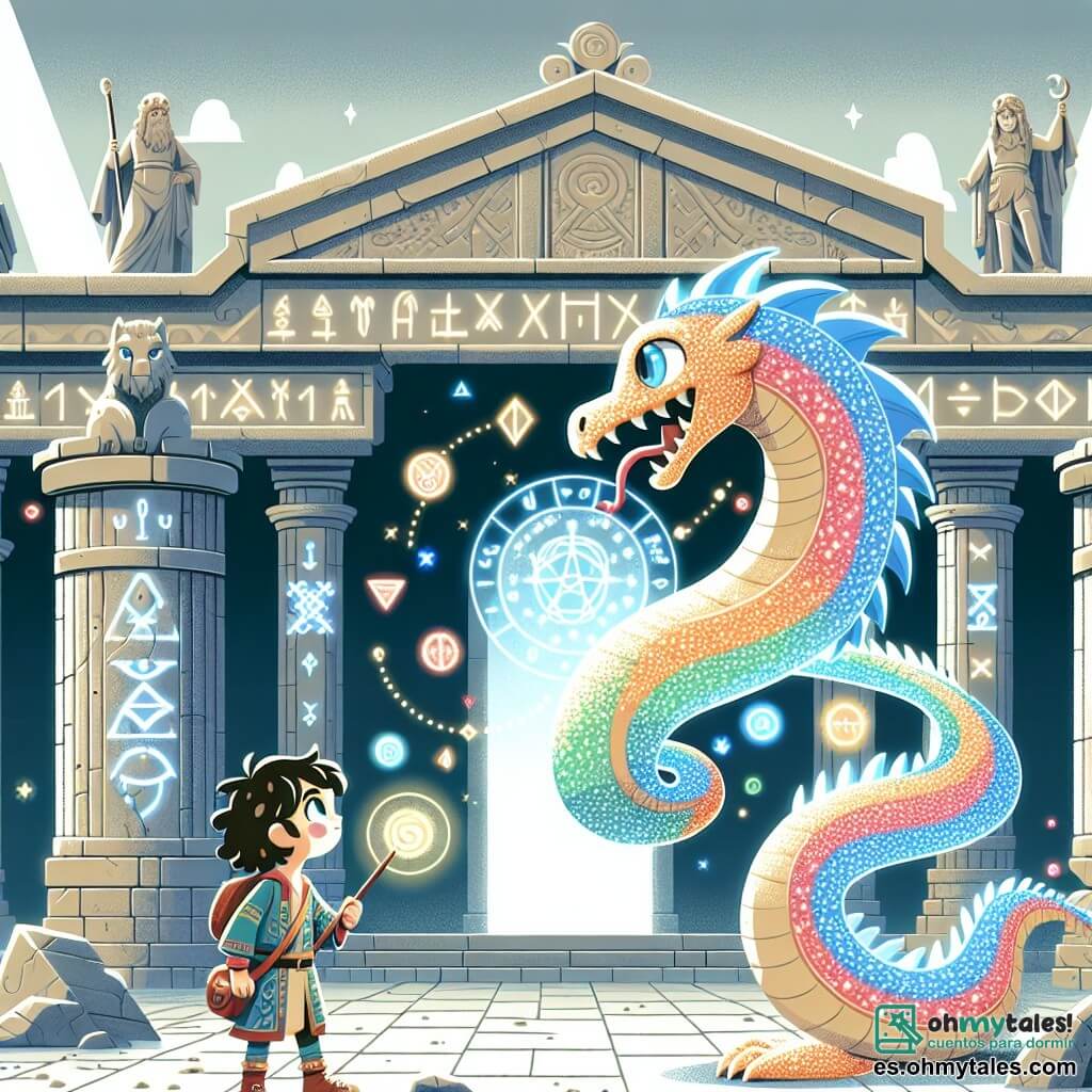 Une illustration sous forme de dessin destinée aux enfants représentant un vaste temple ancien en pierre, où des runes lumineuses flottent dans l'air, avec une fille de 11 ans aux cheveux bouclés et aux yeux pétillants, portant une tunique colorée et tenant une petite baguette magique, se tenant courageusement devant un majestueux dragon holographique aux écailles scintillantes, qui lui pose un défi, tandis qu'en arrière-plan, des statues représentant les éléments de la nature semblent l'observer, capturant l'instant crucial où la jeune exploratrice doit prouver son intelligence pour accéder au mystérieux Corazón de los Elementos.