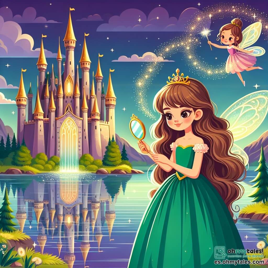 Une illustration sous forme de dessin destinée aux enfants représentant un magnifique royaume féerique avec un château aux tours dorées, où une princesse aux longs cheveux ondulés et à la robe verte éclatante, tenant un miroir magique, se tient au bord d'un lac scintillant, tandis qu'une petite fée aux ailes lumineuses vole autour d'elle, illuminant la scène de poussière d'étoiles, alors qu'elles découvrent ensemble le véritable trésor de l'amour et de la sagesse dans un moment d'émerveillement et de camaraderie.