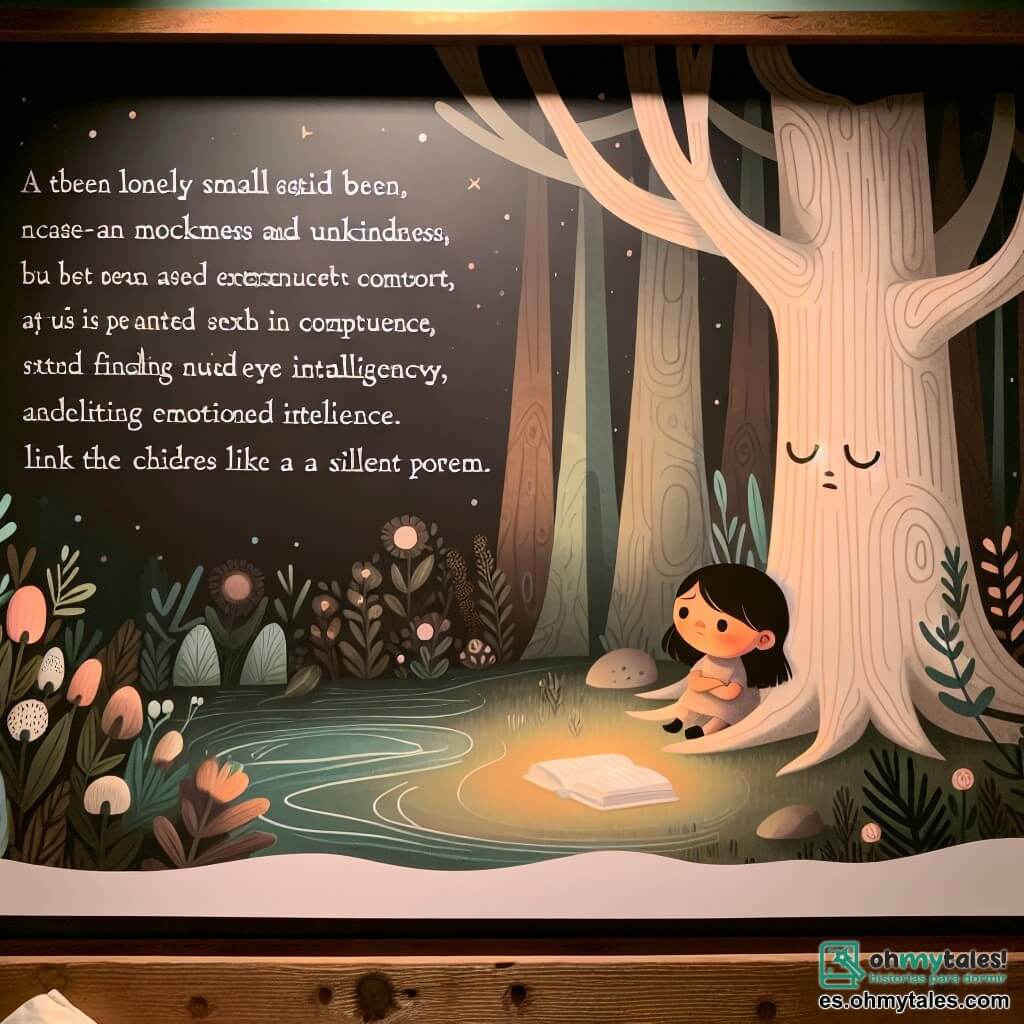 Une illustration destinée aux enfants représentant une petite fille solitaire, confrontée à des moqueries et des méchancetés, qui trouve du réconfort auprès d'un arbre majestueux dans une forêt enchantée.