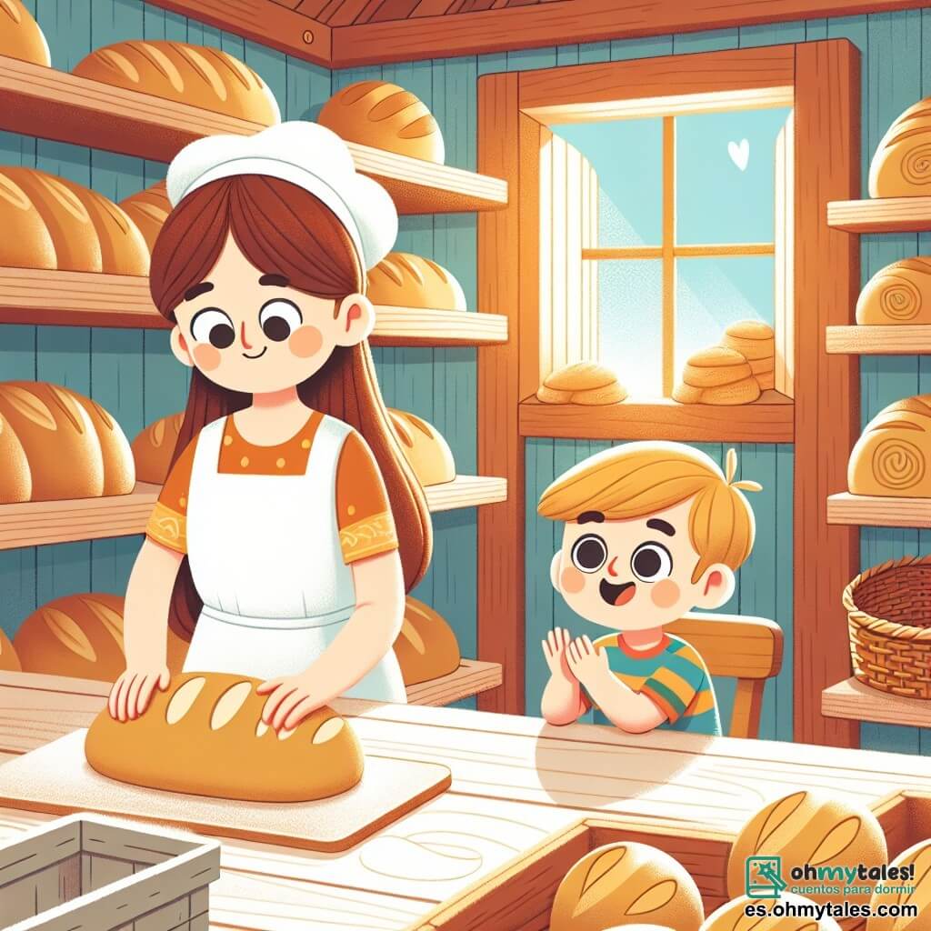 Une illustration sous forme de dessin destinée aux enfants représentant une chaleureuse boulangerie en bois avec des étagères remplies de pains dorés, où une jeune femme aux cheveux châtains, portant un tablier blanc, est en train d'amasser de la pâte avec un grand sourire, tandis qu'un garçon aux yeux pétillants et aux cheveux blonds, vêtu d'un t-shirt coloré, observe avec émerveillement et essaie de pétrir un petit morceau de pâte, illustrant ainsi le moment joyeux de leur apprentissage commun dans l'art de la boulangerie.