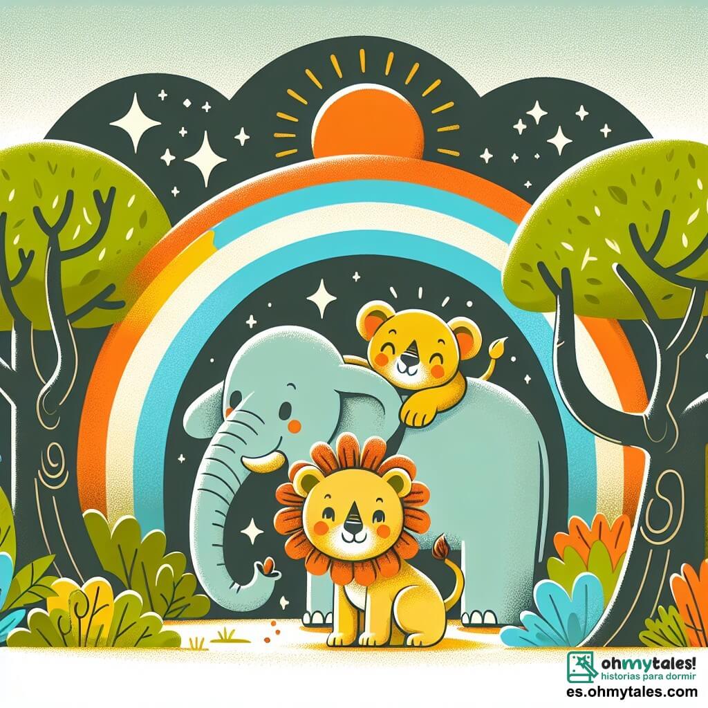 Une illustration destinée aux enfants représentant un lionceau espiègle se cachant derrière un éléphant rieur, dans une clairière ensoleillée de la savane, où les arbres forment des arcs-en-ciel de feuilles chatoyantes.