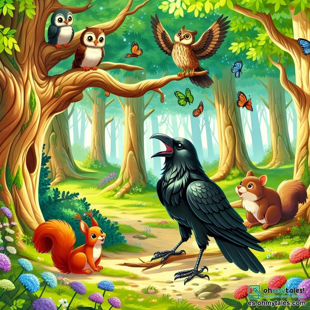 Ilustración que representa un claro de bosque encantado, donde grandes árboles de troncos retorcidos se elevan hacia el cielo, sus hojas de un verde brillante filtrando la luz del sol, creando patrones de luz y sombra en el suelo cubierto de flores coloridas. En el centro de la escena, un cuervo de plumaje negro brillante como terciopelo, con ojos chispeantes de curiosidad, canta alegremente, con las alas ligeramente desplegadas, como si estuviera contando una historia a los otros animales. A su lado, una pequeña ardilla de pelaje rojizo, con una cola esponjosa, trepa por una rama, escuchando atentamente, mientras un búho de plumas marrones y grandes ojos sabios, posado en otra rama, observa la escena con aire pensativo. La situación principal muestra al cuervo compartiendo historias de aventura, rodeado de sus amigos, en un ambiente alegre y mágico, mientras mariposas de colores bailan a su alrededor, añadiendo un toque de fantasía a este momento convivial. Rayos de sol atraviesan las hojas, iluminando el rostro de los animales y creando una atmósfera cálida y acogedora.
