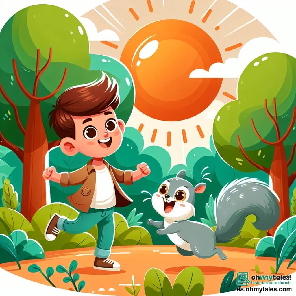 Une illustration destinée aux enfants représentant un garçon aux cheveux bruns, une ardente lumière du soleil éclairant un parc verdoyant où une petite ardilla grise joue joyeusement parmi les arbres.