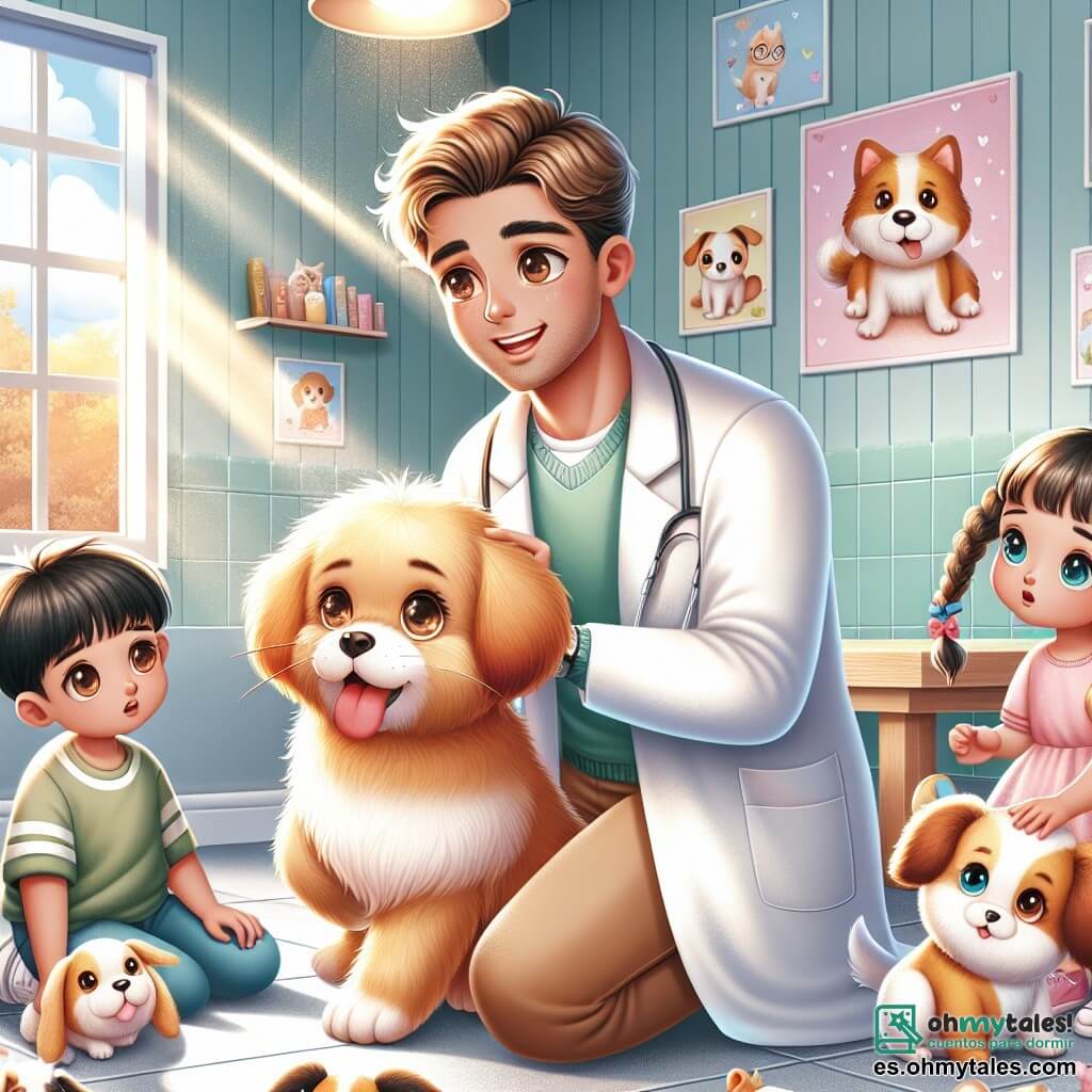 Ilustración que representa una clínica veterinaria luminosa y acogedora, con paredes pintadas de verde pastel y carteles coloridos de animales colgados. En el centro, un hombre de estatura media con cabello castaño y una bata blanca, sonriendo calurosamente, examina atentamente a un pequeño perro de ojos brillantes y pelaje dorado. A su lado, un grupo de cuatro niños, dos chicos y dos chicas de aproximadamente 8 a 10 años, todos con expresiones de asombro: un chico con cabello negro y rizado sostiene un juguete en forma de perro, mientras que una chica con cabello rubio y trenzado observa con curiosidad. La situación principal muestra al veterinario explicando a los niños cómo cuidar de los animales, rodeados de juguetes de peluche en forma de perros y gatos, creando una atmósfera alegre y educativa. Al fondo, una ventana deja entrar la luz del sol, iluminando la escena y añadiendo un toque de calidez y felicidad.