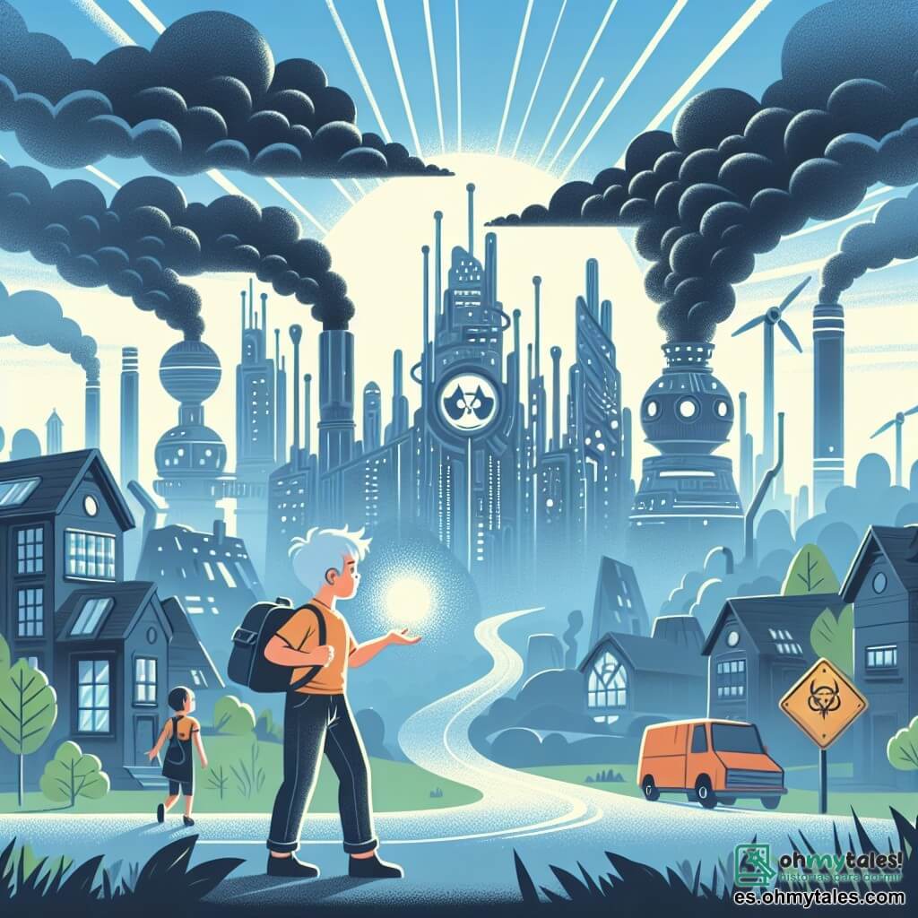 Une illustration destinée aux enfants représentant un petit garçon intrépide, une ville futuriste polluée par des nuages sombres, une maman ingénieure environnementale, et Cristalopolis, une cité scintillante aux bâtiments brillants comme des diamants sous le soleil.