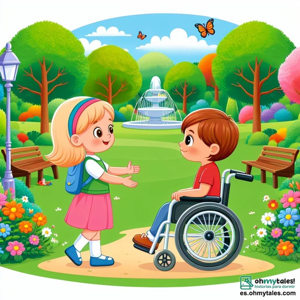 Une illustration destinée aux enfants représentant une petite fille curieuse et aventureuse, qui rencontre un garçon en chaise roulante, dans un magnifique parc verdoyant avec des arbres colorés et des fleurs épanouies.