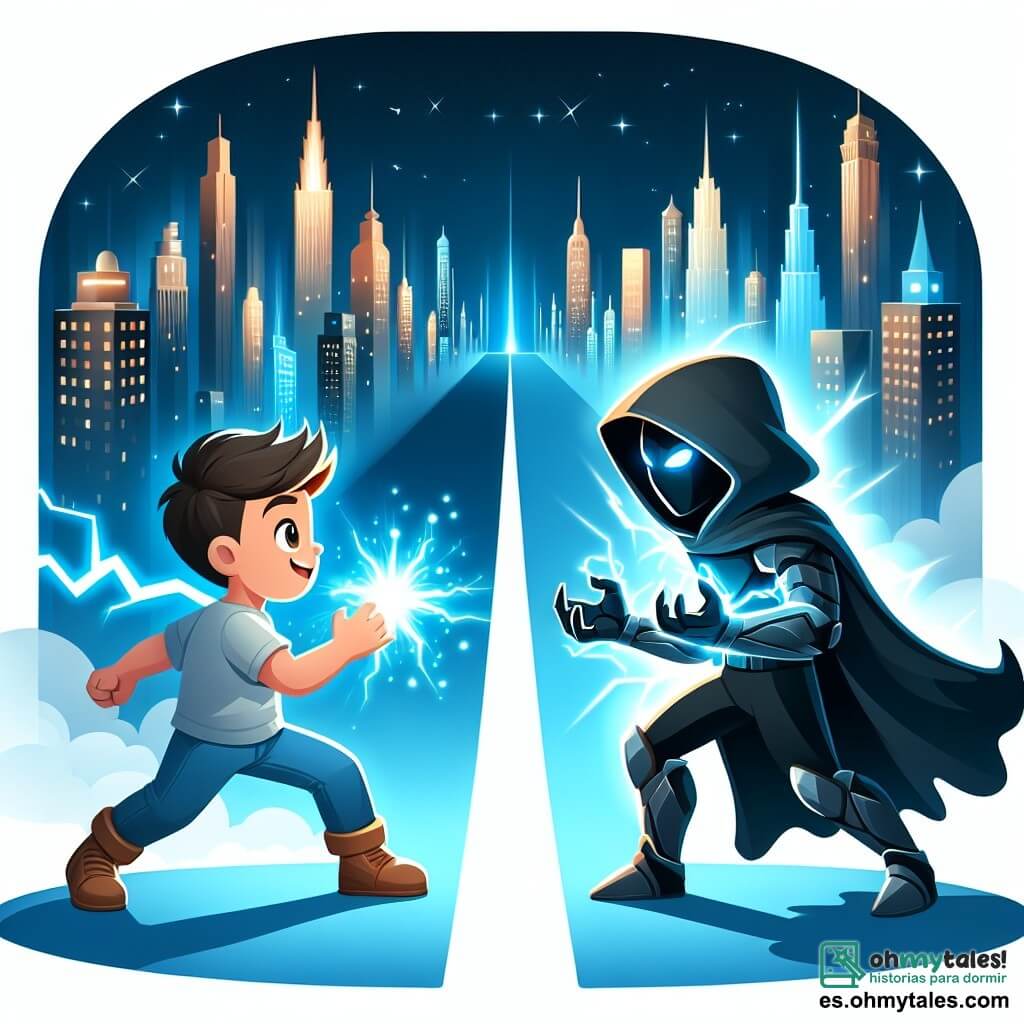 Une illustration destinée aux enfants représentant un jeune garçon doté de pouvoirs électriques, combattant un vilain entouré de sombres ombres, dans la magnifique et futuriste Ciudad Luz aux gratte-ciel scintillants touchant le ciel.