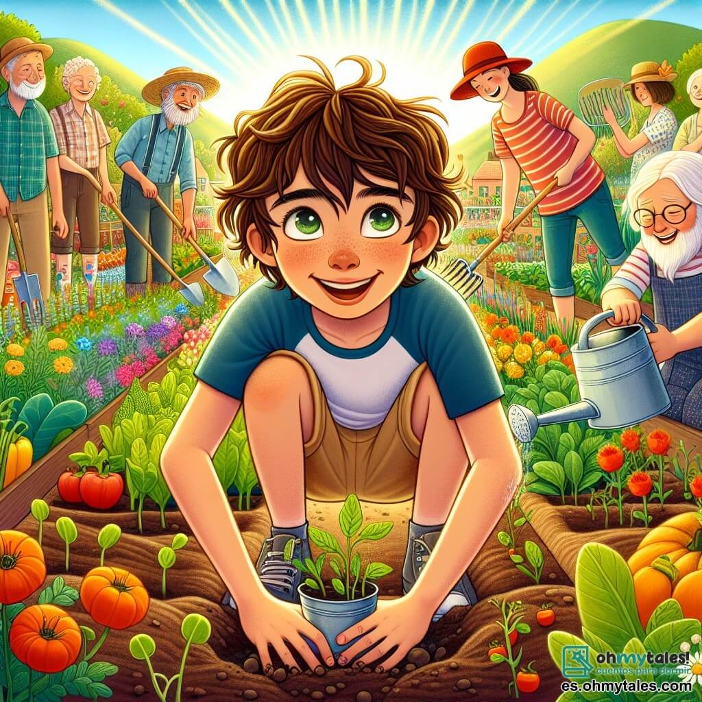 Ilustración que representa un jardín comunitario vibrante y soleado, lleno de hileras de verduras coloridas, flores brillantes y niños alegres. En el centro, un niño de 11 años, con cabello castaño despeinado y ojos brillantes de curiosidad, está agachado, con las manos en la tierra, plantando semillas. Lleva una camiseta azul y un pantalón corto beige, y su sonrisa irradia determinación y entusiasmo. A su lado, una niña de unos 10 años, con cabello largo y rizado, usando una gorra roja, sostiene un regador y riega delicadamente las plántulas. Tiene una mirada concentrada y alegre, compartiendo la energía del momento. En el fondo, un grupo de adultos, incluido un hombre mayor con un sombrero de paja y barba gris, observa con orgullo el trabajo de los niños, simbolizando la solidaridad y la ayuda mutua de la comunidad. La atmósfera está llena de risas y conversaciones animadas, creando un ambiente cálido y acogedor. Herramientas de jardinería, como palas y rastrillos, están esparcidas por el suelo, y un cartel de madera pintado a mano indica "Jardín de la Solidaridad". Los rayos del sol iluminan la escena, añadiendo un toque de magia a este momento de compartir y aprender.
